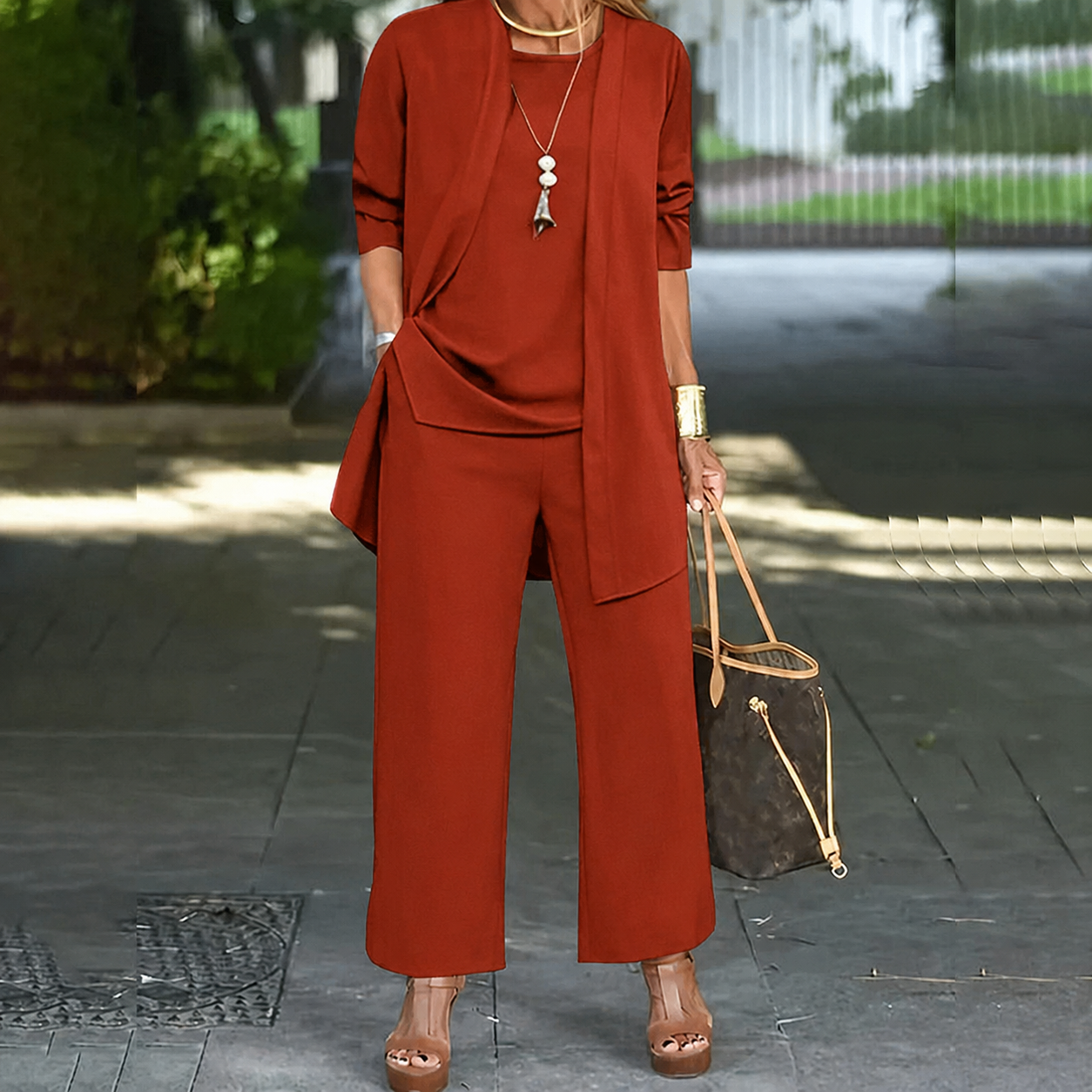 Women’s Three Piece Lounge Set with Draped Top and Trousers