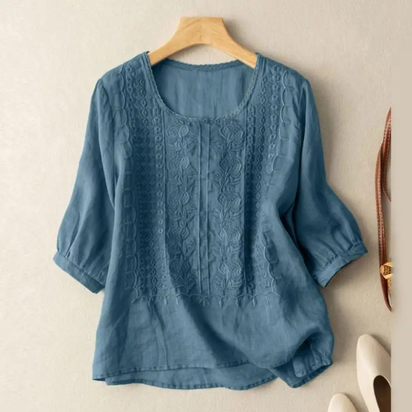 Women’s Relaxed Embroidered Blouse with Three-Quarter Sleeves
