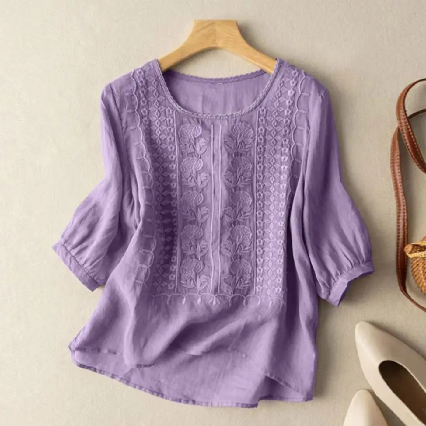 Women’s Relaxed Embroidered Blouse with Three-Quarter Sleeves