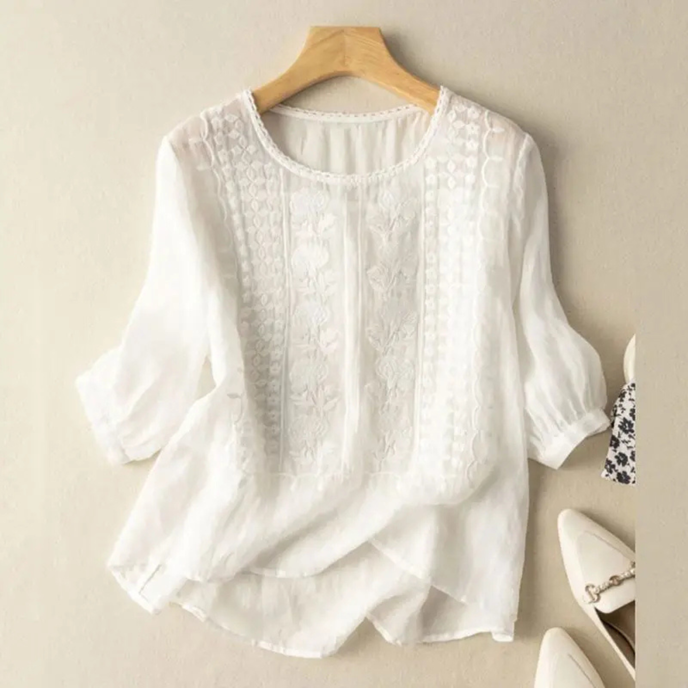 Women’s Relaxed Embroidered Blouse with Three-Quarter Sleeves