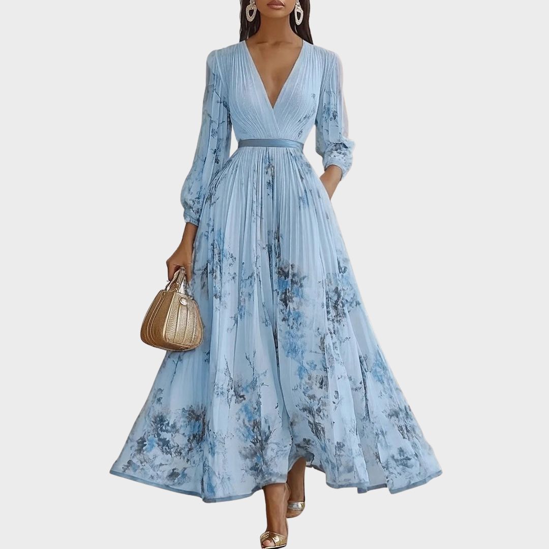 Women’s Pleated Maxi Dress with V-Neck and Tie Waist