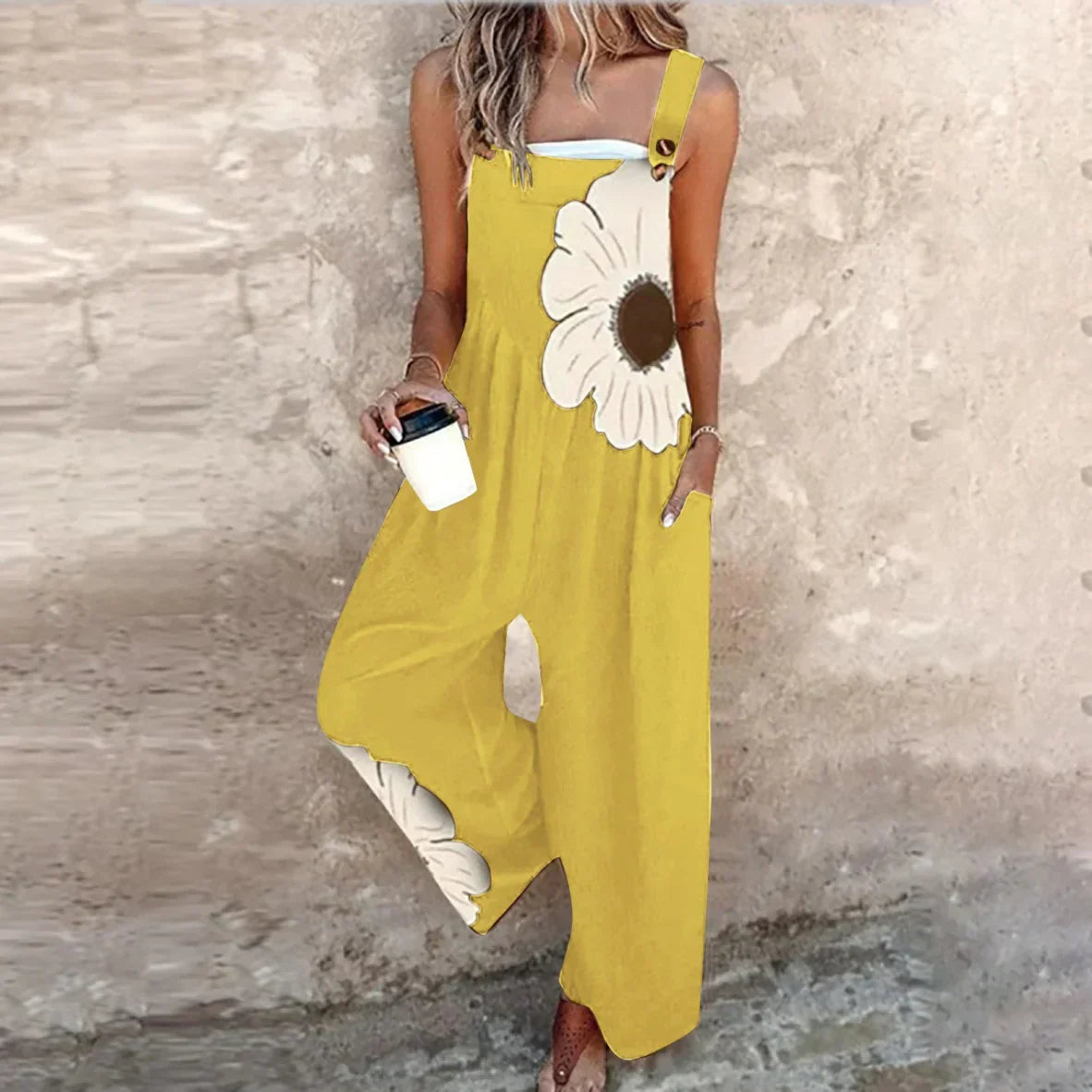 Women’s Printed Wide Leg Dungarees with Adjustable Straps