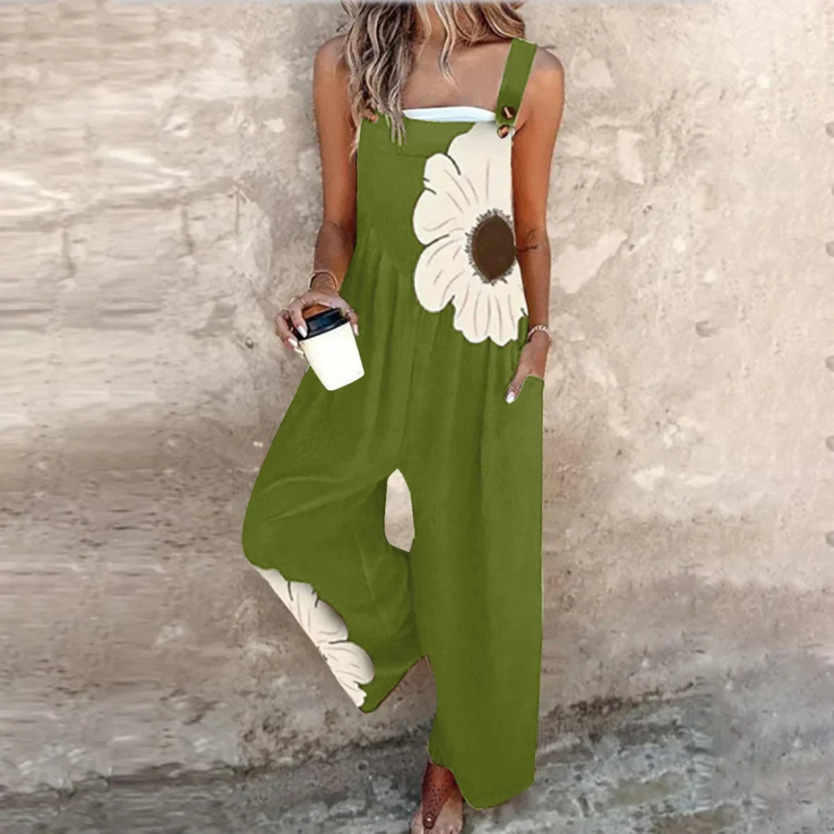 Women’s Printed Wide Leg Dungarees with Adjustable Straps