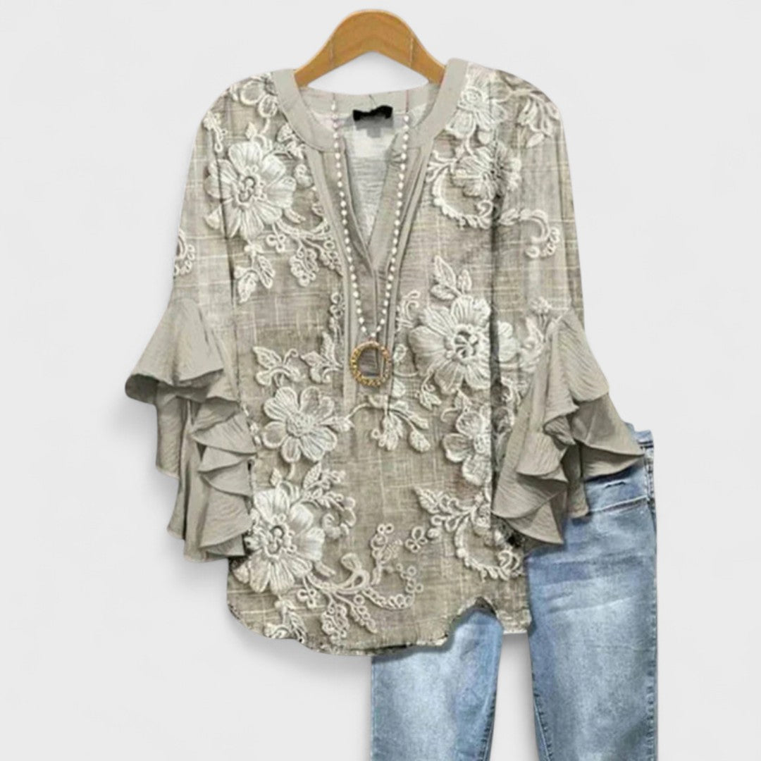 Women’s Floral Lightweight Blouse with V-Neck and Ruffle Sleeves