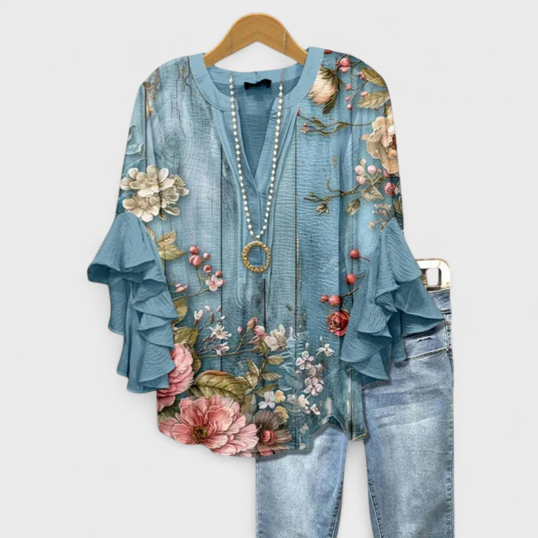 Women’s Floral Lightweight Blouse with V-Neck and Ruffle Sleeves