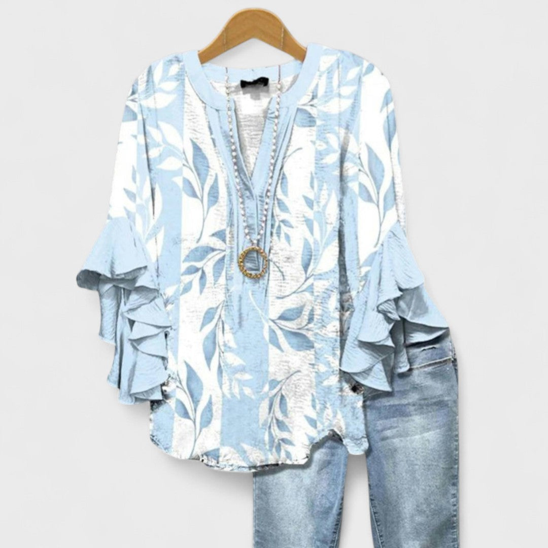 Women’s Floral Lightweight Blouse with V-Neck and Ruffle Sleeves