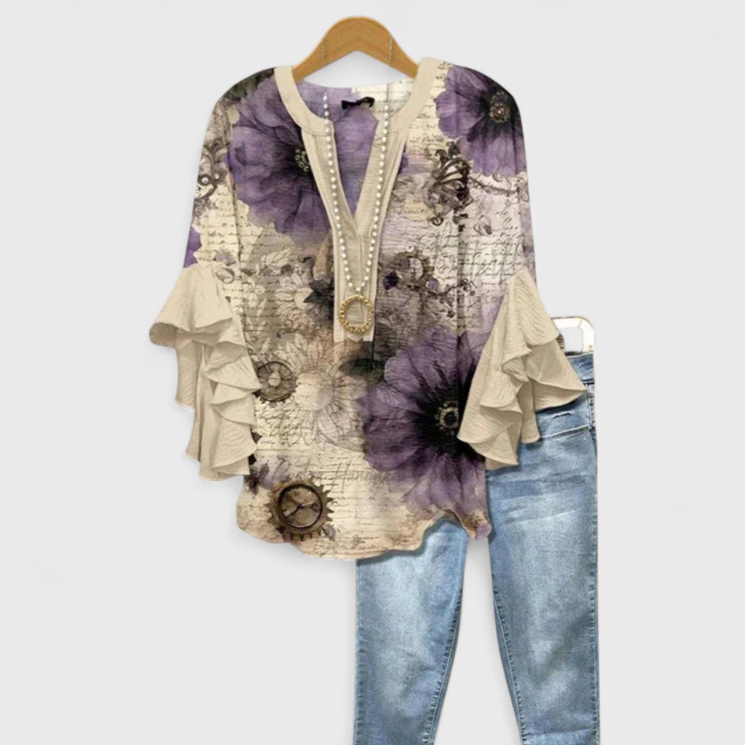 Women’s Floral Lightweight Blouse with V-Neck and Ruffle Sleeves