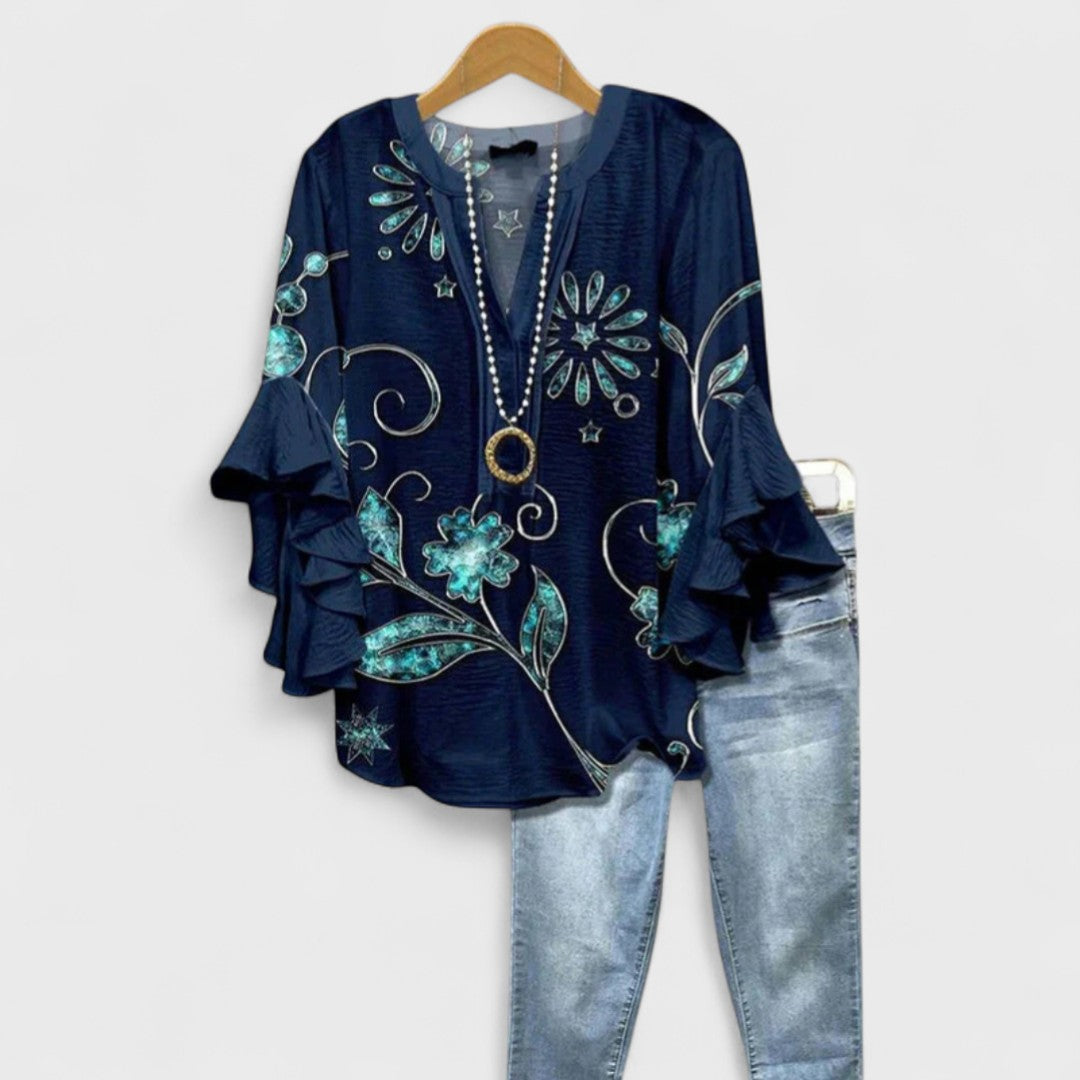 Women’s Floral Lightweight Blouse with V-Neck and Ruffle Sleeves