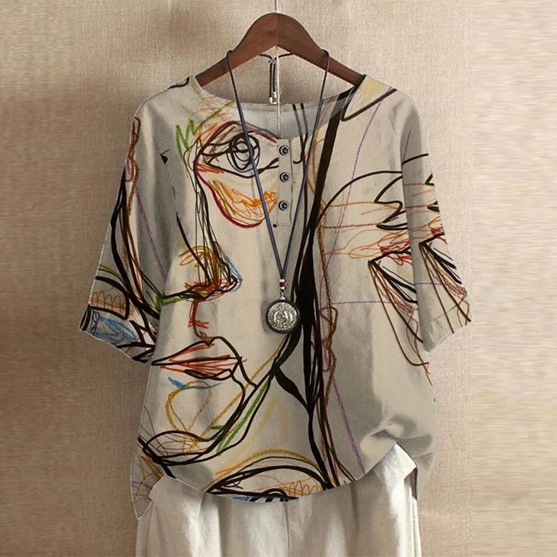 Women’s Vintage Floral Blouse with Three-Quarter Sleeves