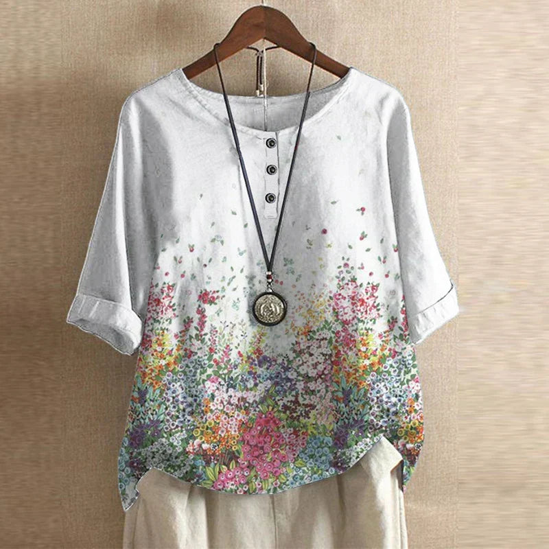 Women’s Vintage Floral Blouse with Three-Quarter Sleeves