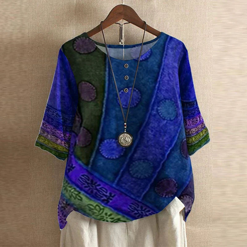 Women’s Vintage Floral Blouse with Three-Quarter Sleeves