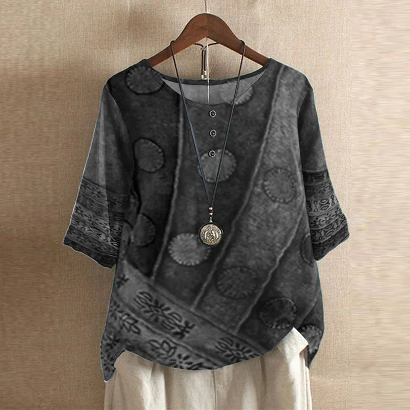 Women’s Vintage Floral Blouse with Three-Quarter Sleeves