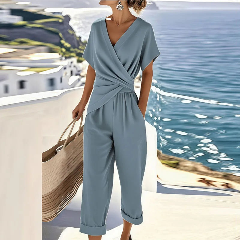 Women’s Elegant Two Piece Set with Wrap Top and Tailored Trousers