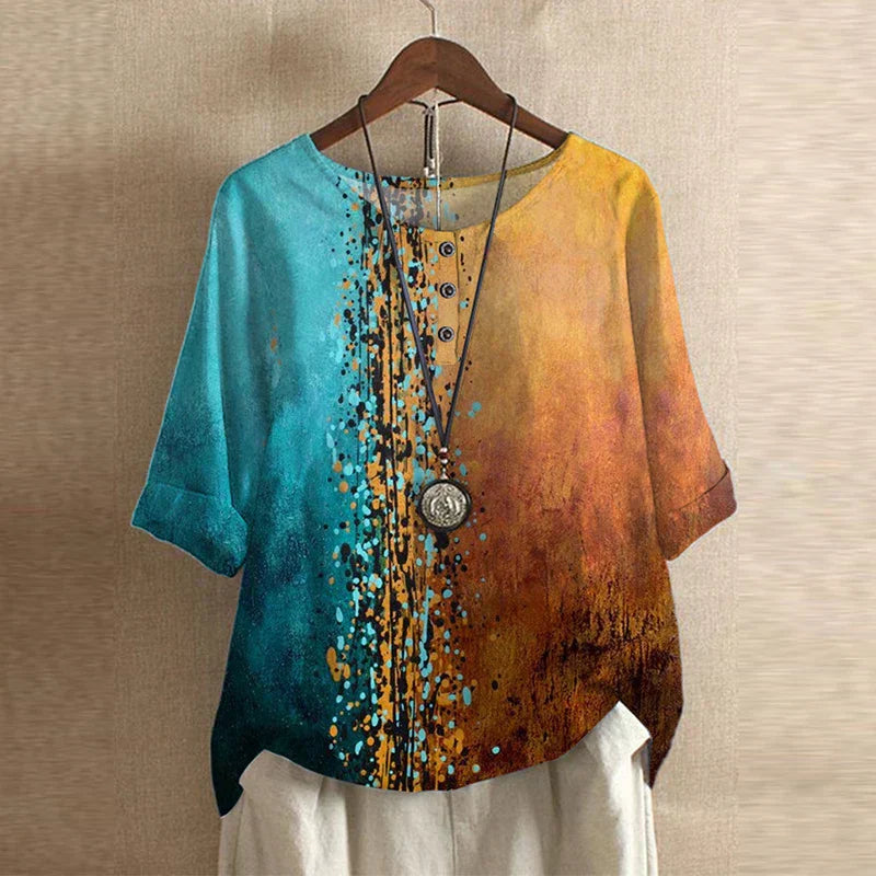 Women’s Vintage Floral Blouse with Three-Quarter Sleeves