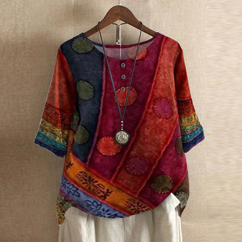 Women’s Vintage Floral Blouse with Three-Quarter Sleeves