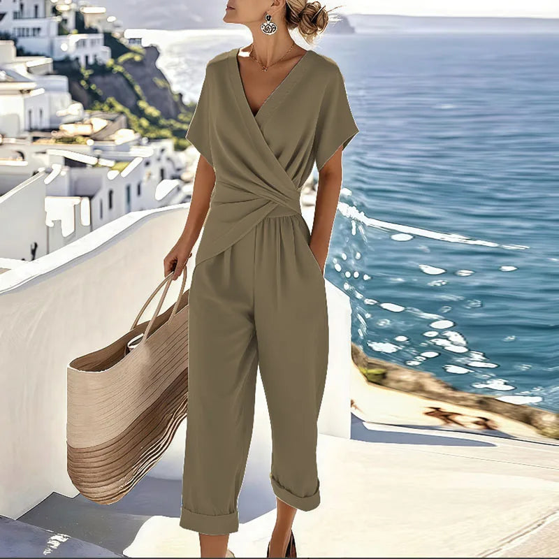 Women’s Elegant Two Piece Set with Wrap Top and Tailored Trousers