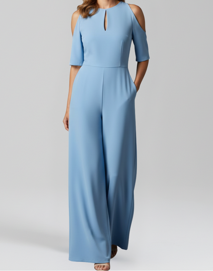 Women’s Short Sleeve Jumpsuit with Round Neck and Wide Legs