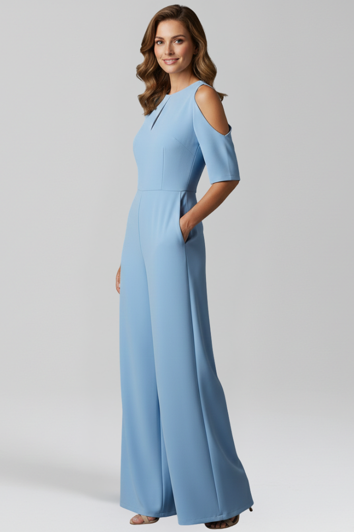 Women’s Short Sleeve Jumpsuit with Round Neck and Wide Legs