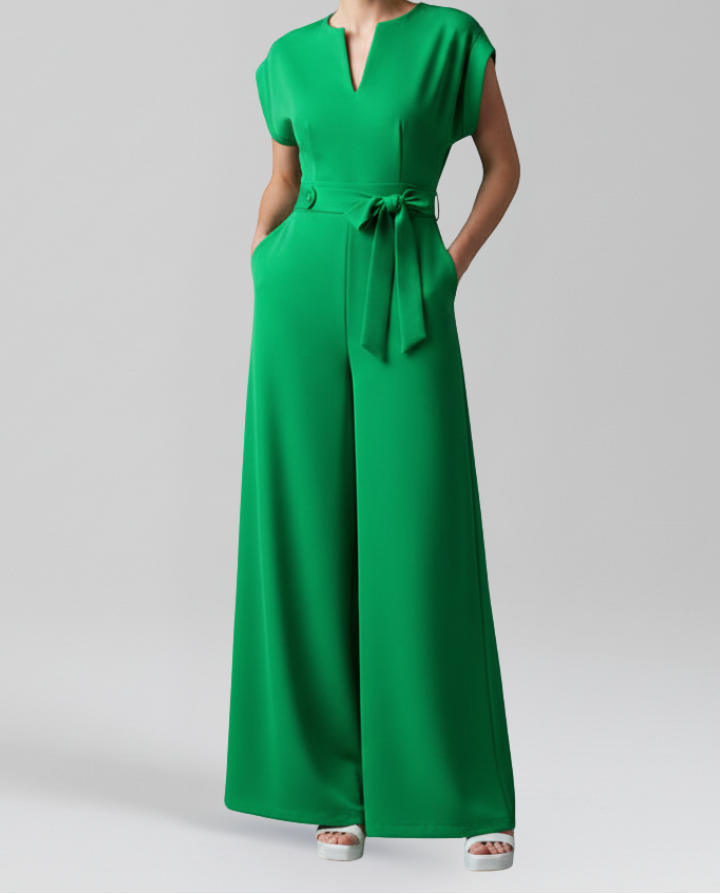 Wide Leg Jumpsuit with V Neckline and Side Pockets