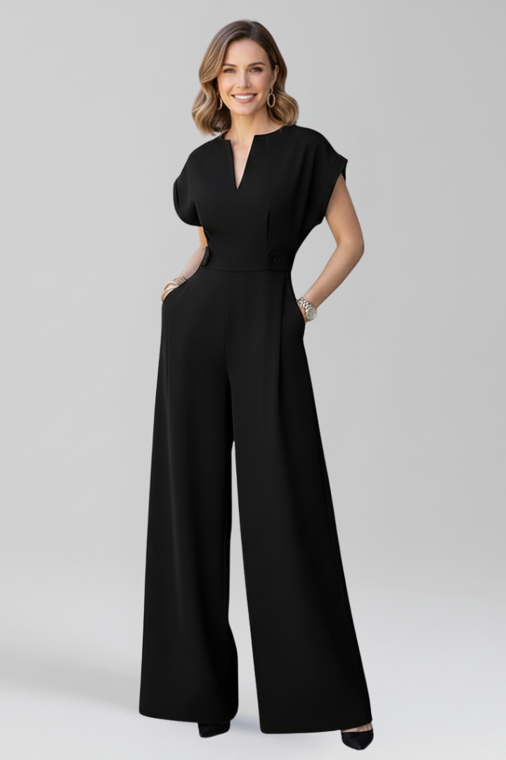 Wide Leg Jumpsuit with V Neckline and Side Pockets
