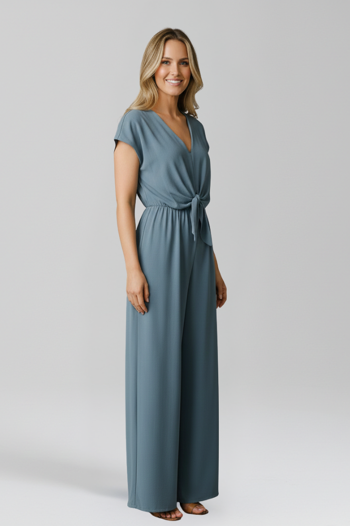 V Neck Wide Leg Jumpsuit with Tied Waist Knot