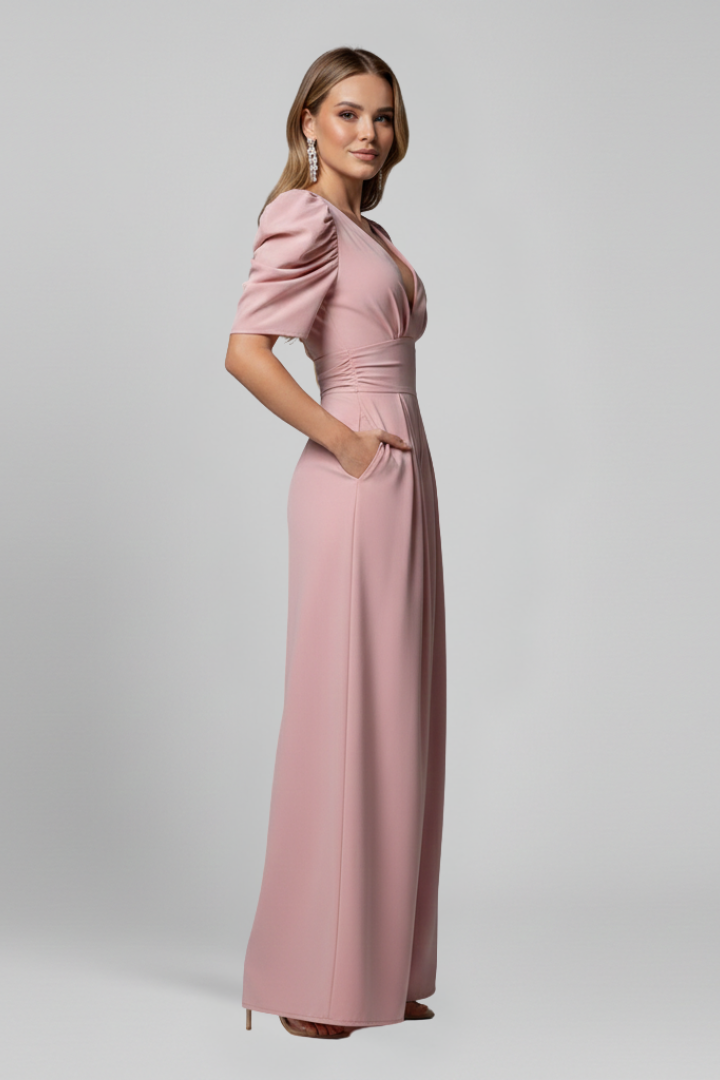 Wide Leg Jumpsuit with V Neckline and Puff Sleeves