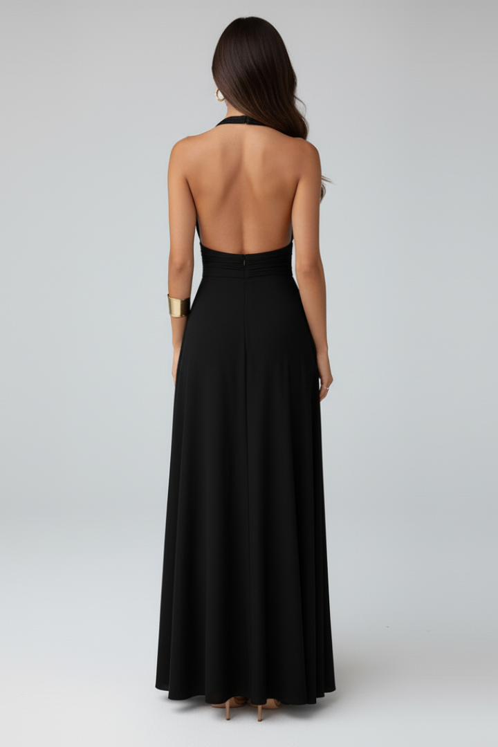 Women’s Maxi Dress with Tie Neck Detail and Side Slit