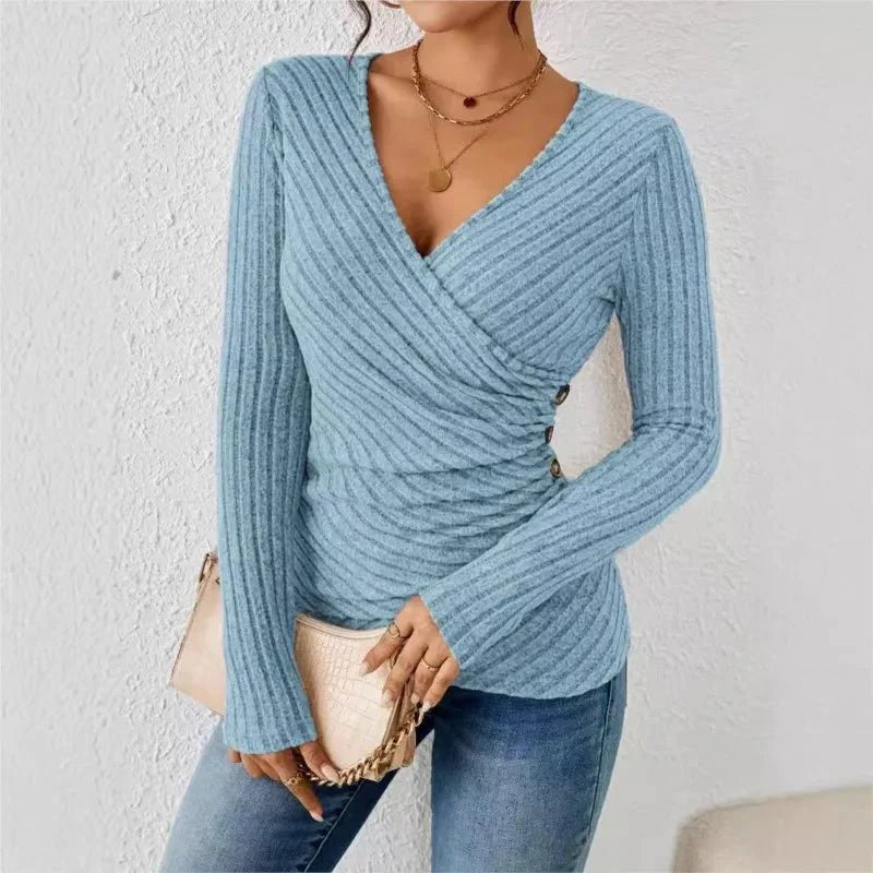 Women’s Ribbed Wrap Top with Ruched V Neck
