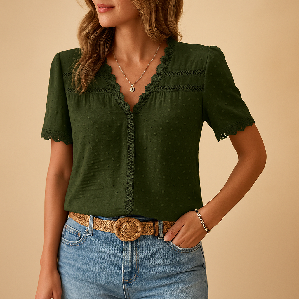 Women’s V-Neck Short Sleeve Blouse with Lace Trim and Textured Fabric