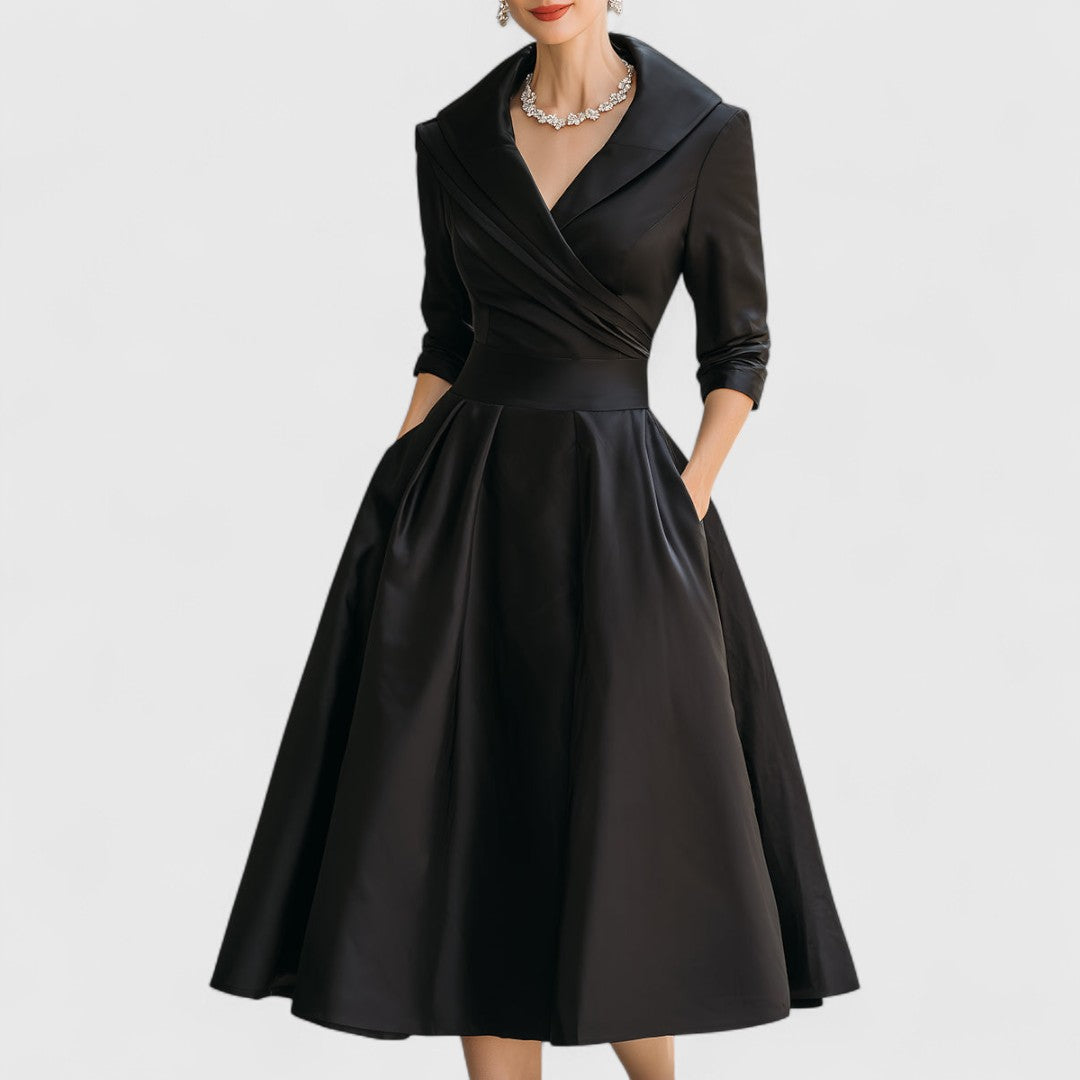 Women’s Elegant Midi Dress with V-Neck and Flared Skirt