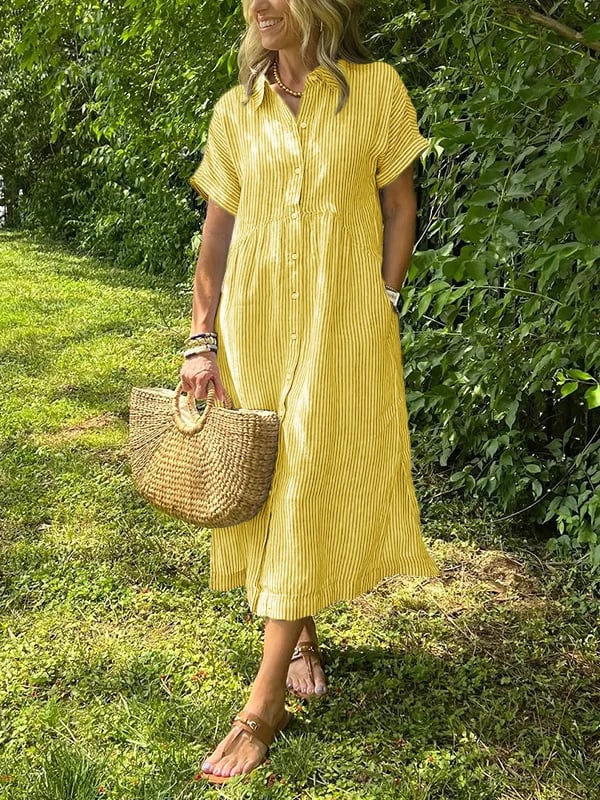 Women’s Striped Summer Midi Shirt Dress with Button-Down Front