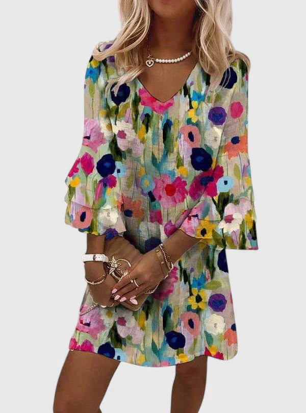 Women’s Floral Mini Dress with V Neckline and Relaxed Silhouette