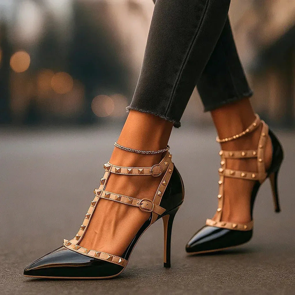 Women’s Studded Pointed Toe Heels with Double Ankle Straps