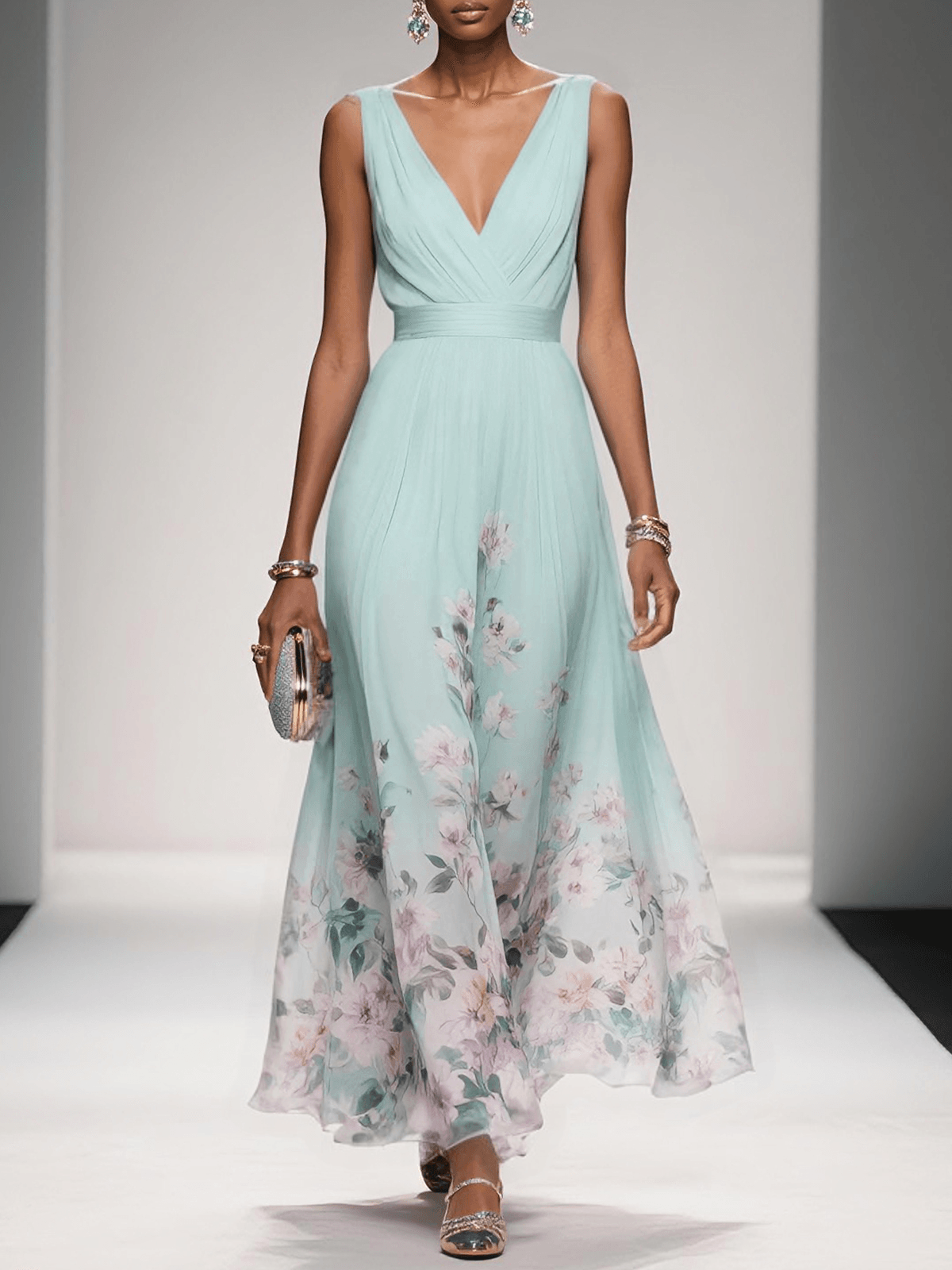 Women’s Floral Wedding Guest Dress with V-Neck