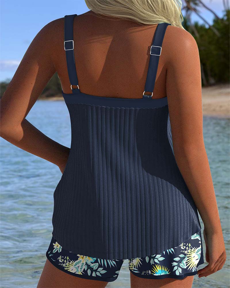 Women’s Striped Tankini Set with Tummy Control and Beach Shorts