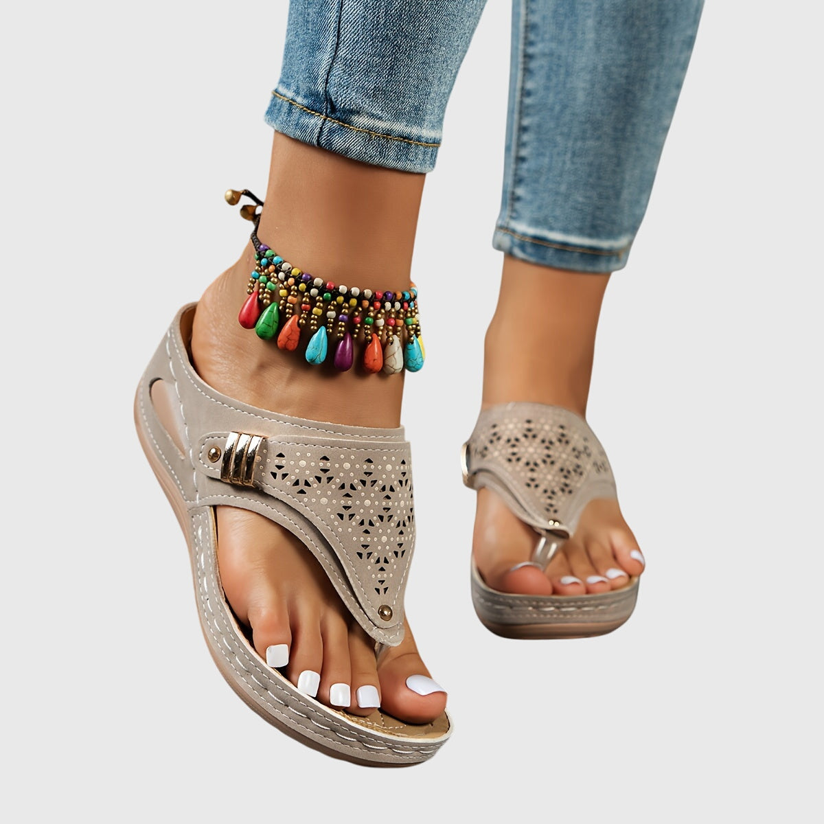 Women’s Platform Thong Sandals with Beaded Ankle Accent