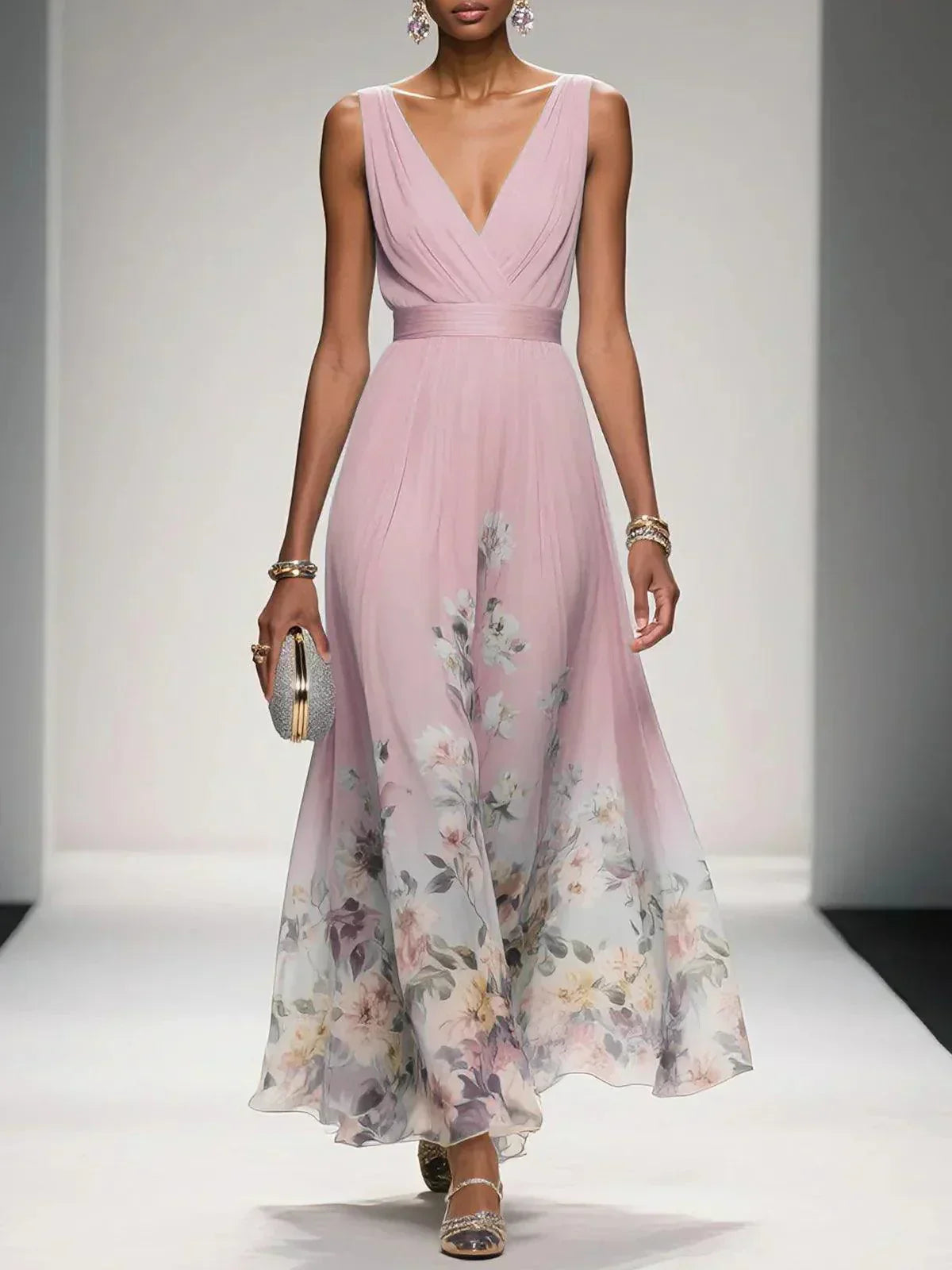 Women’s Floral Wedding Guest Dress with V-Neck