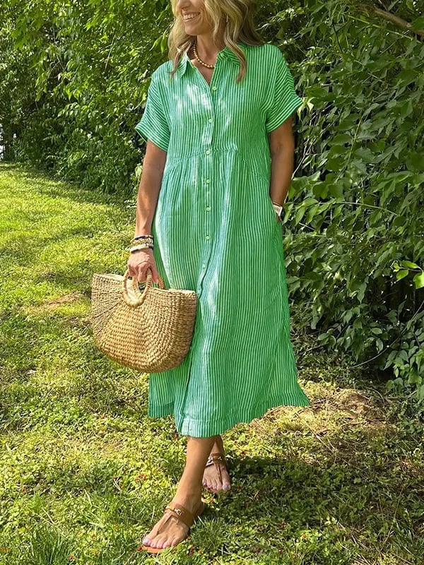Women’s Striped Summer Midi Shirt Dress with Button-Down Front