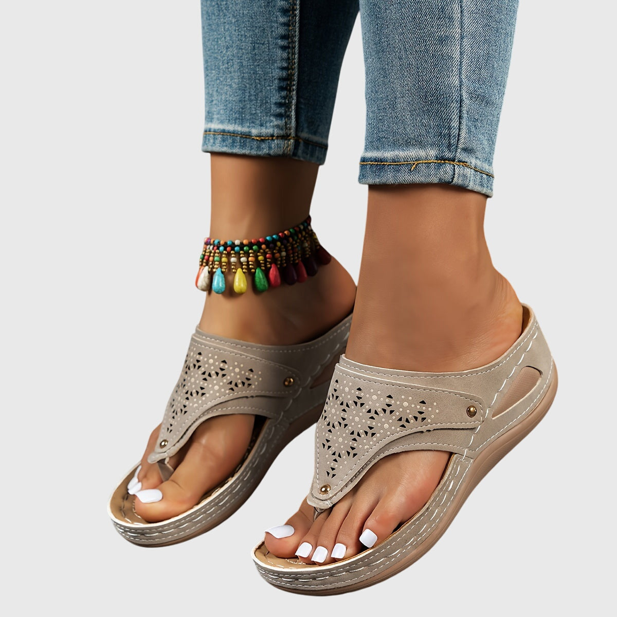 Women’s Platform Thong Sandals with Beaded Ankle Accent
