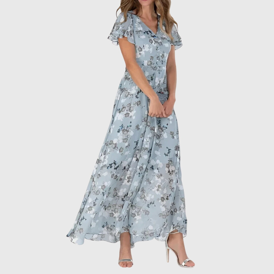 Women’s Floral Maxi Dress with Flutter Sleeves and Flowing Silhouette