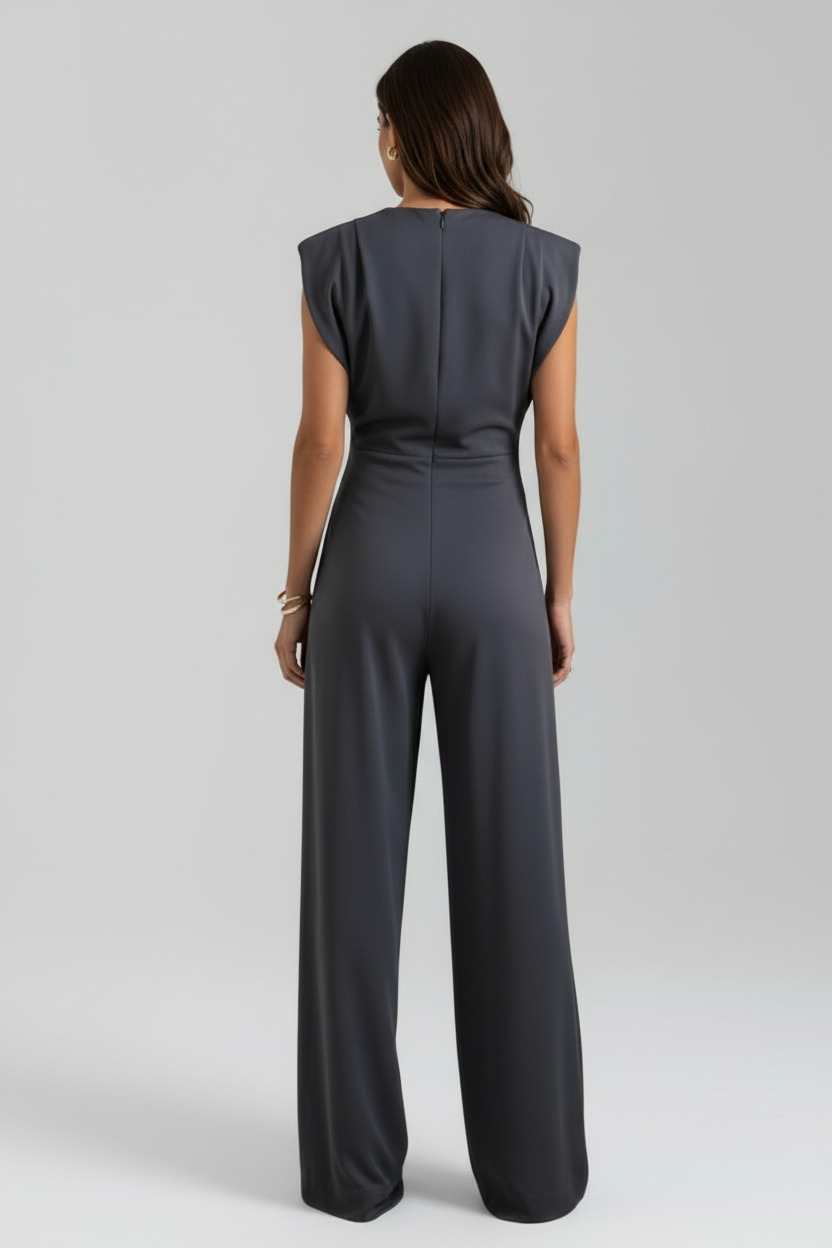 Asymmetric Neckline Wide Leg Jumpsuit with Fitted Waist