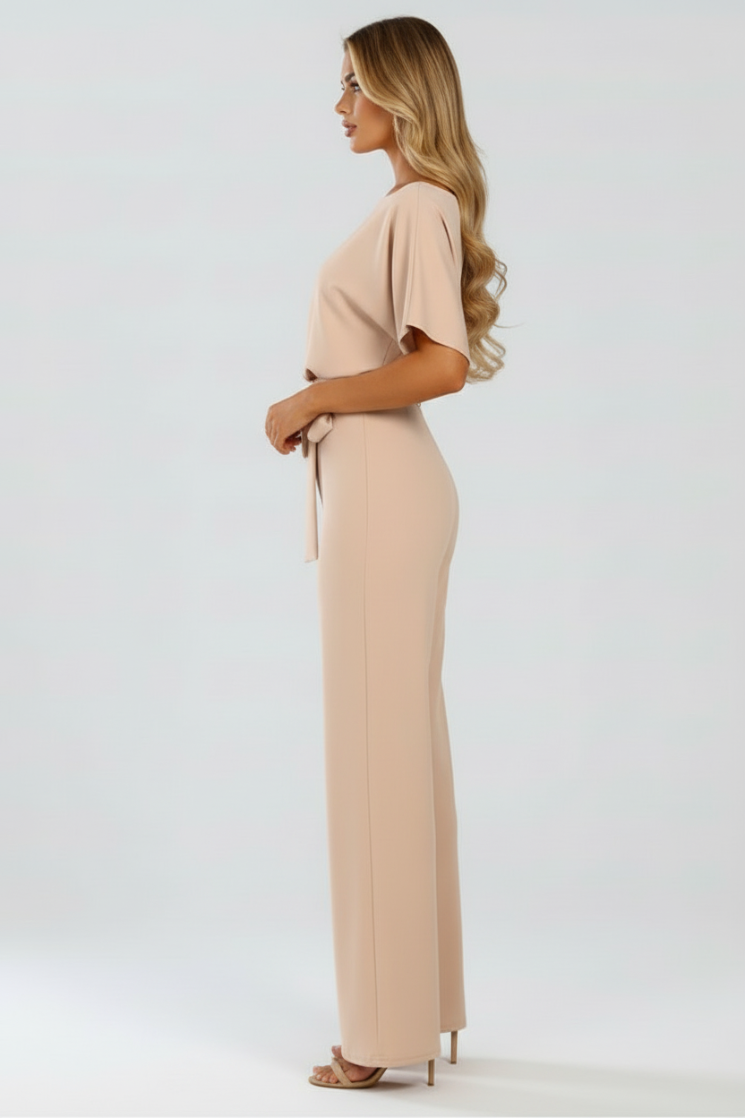 Round Neck Jumpsuit with Tie Waist and Wide Legs