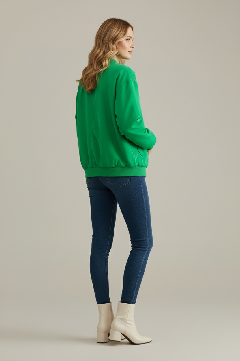 Zip Front Bomber Jacket with Ribbed Crew Neck