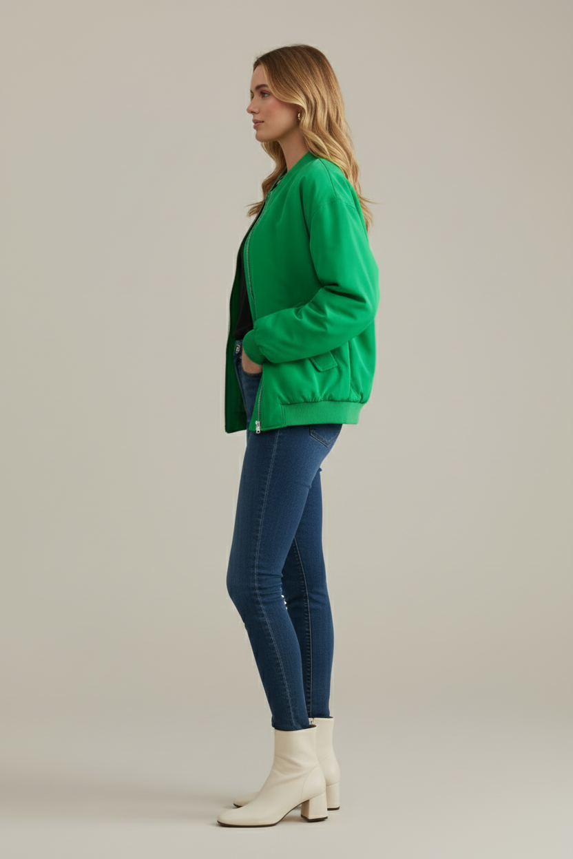 Zip Front Bomber Jacket with Ribbed Crew Neck