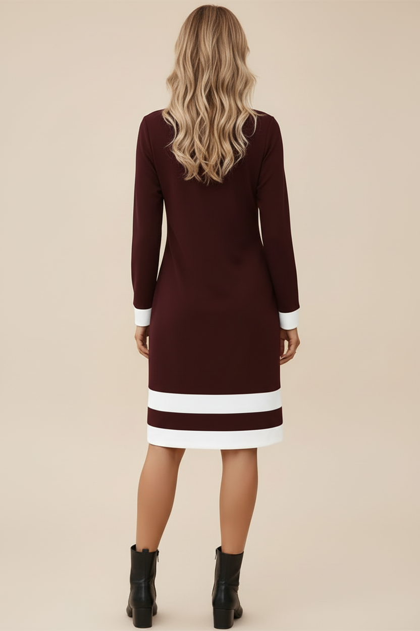 Long Sleeve Dress with Contrast Cuffs and Trimmed Hem