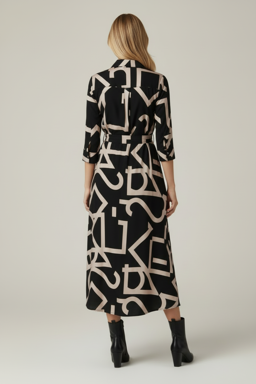 Patterned Midi Dress with Collar and Waist Tie