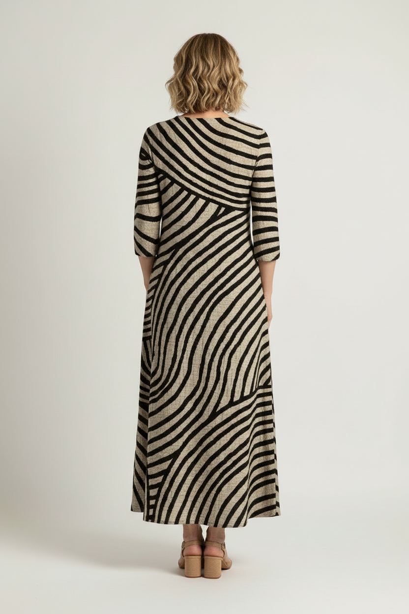 Vintage Striped Dress with V Neckline and Flowing Silhouette