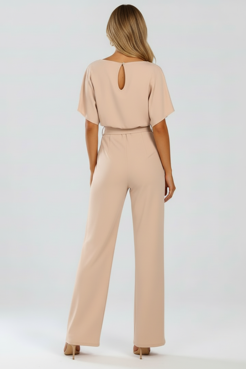 Round Neck Jumpsuit with Tie Waist and Wide Legs