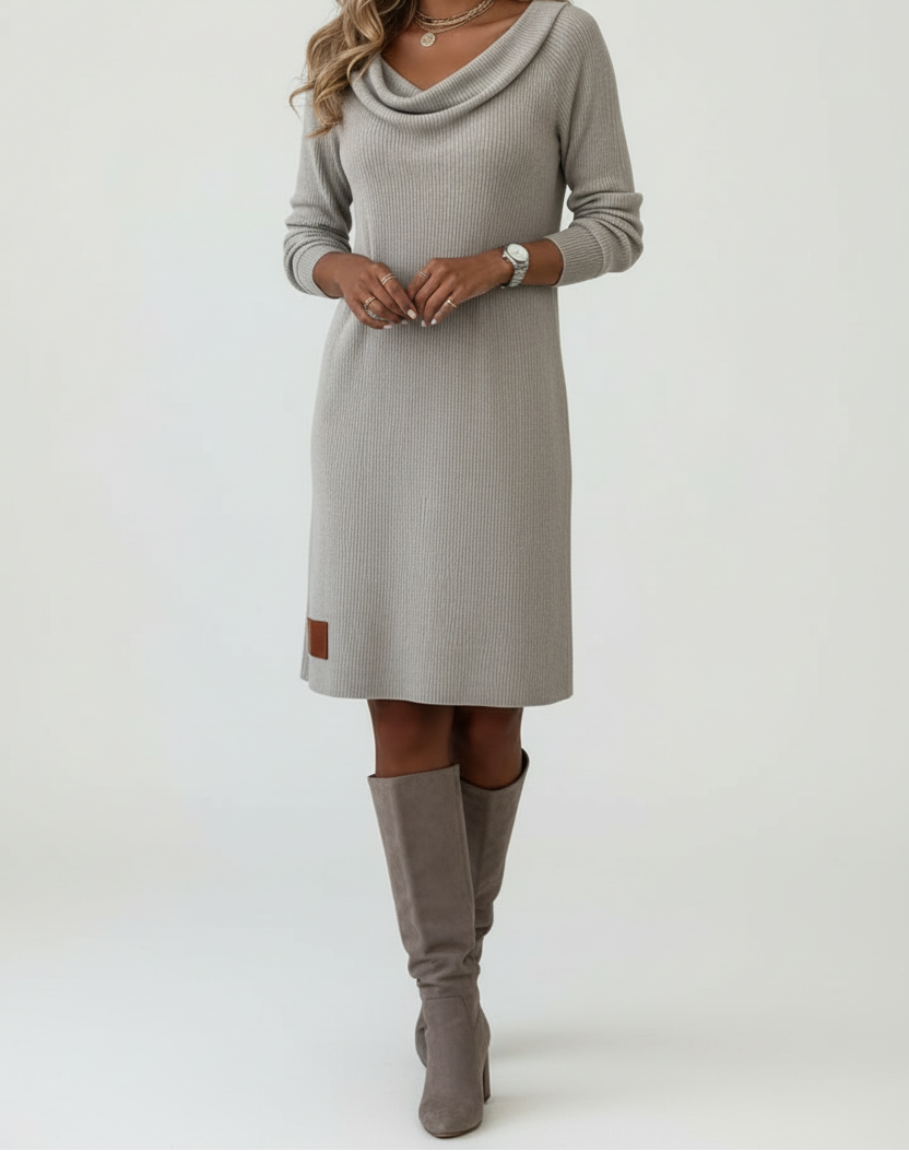 Knee Length Womens Dress with Draped Neckline and Ribbed Texture