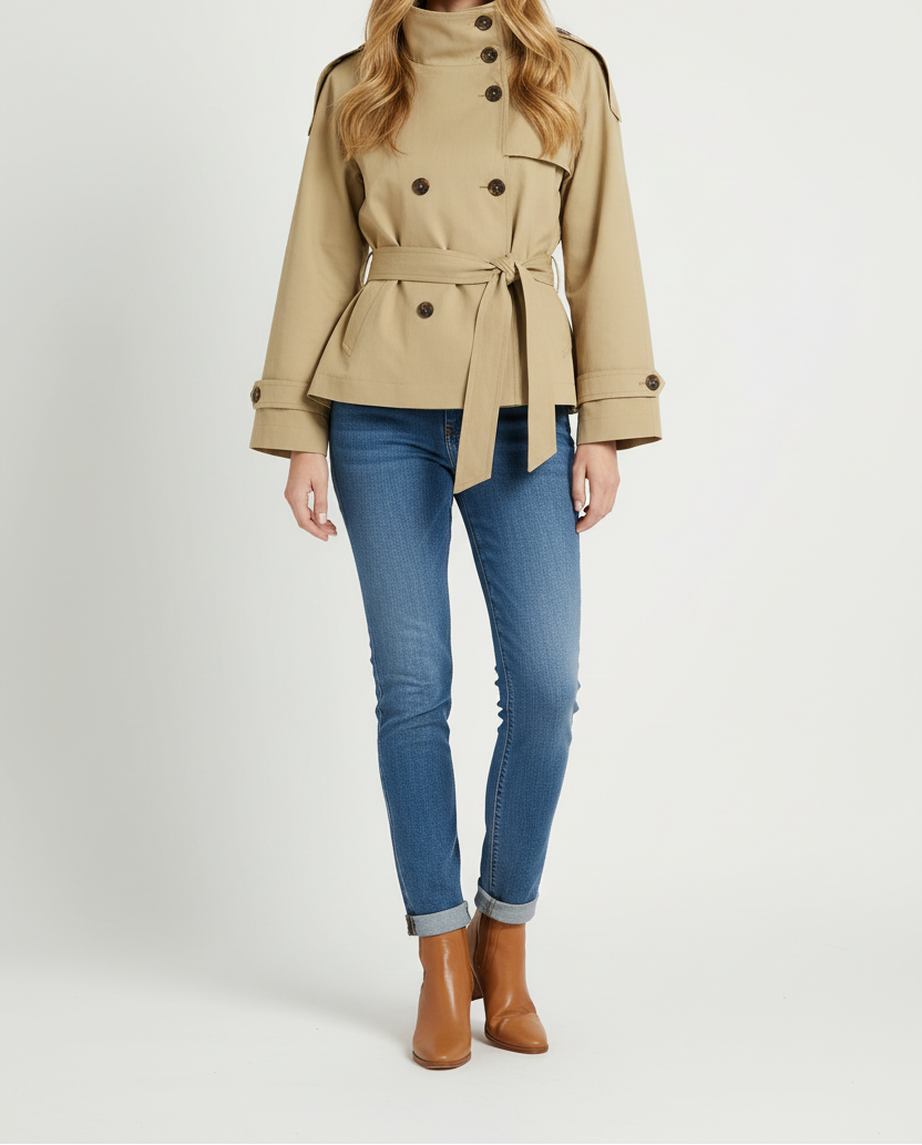 Short Trench Jacket with High Neck and Belted Waist
